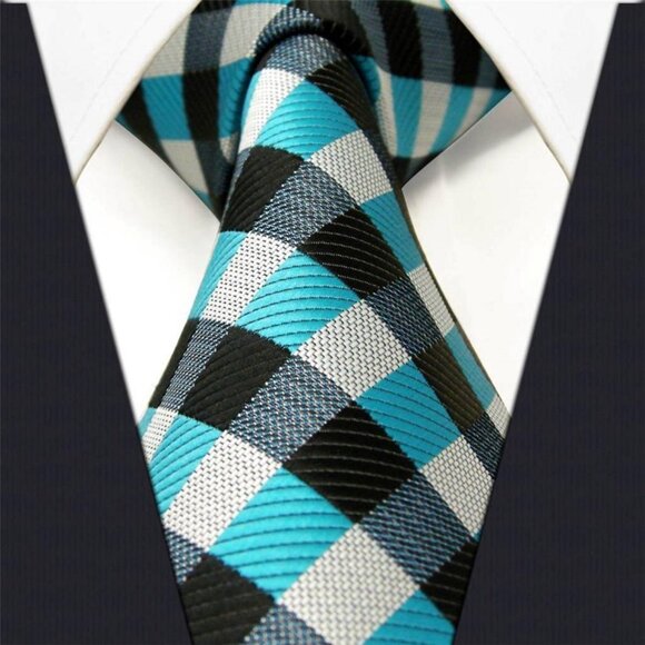 Aqua Blue Silver Gray Black Stripe Check Plaid Design 100% SILK TIE Jacquard Wov - Picture 5 of 7